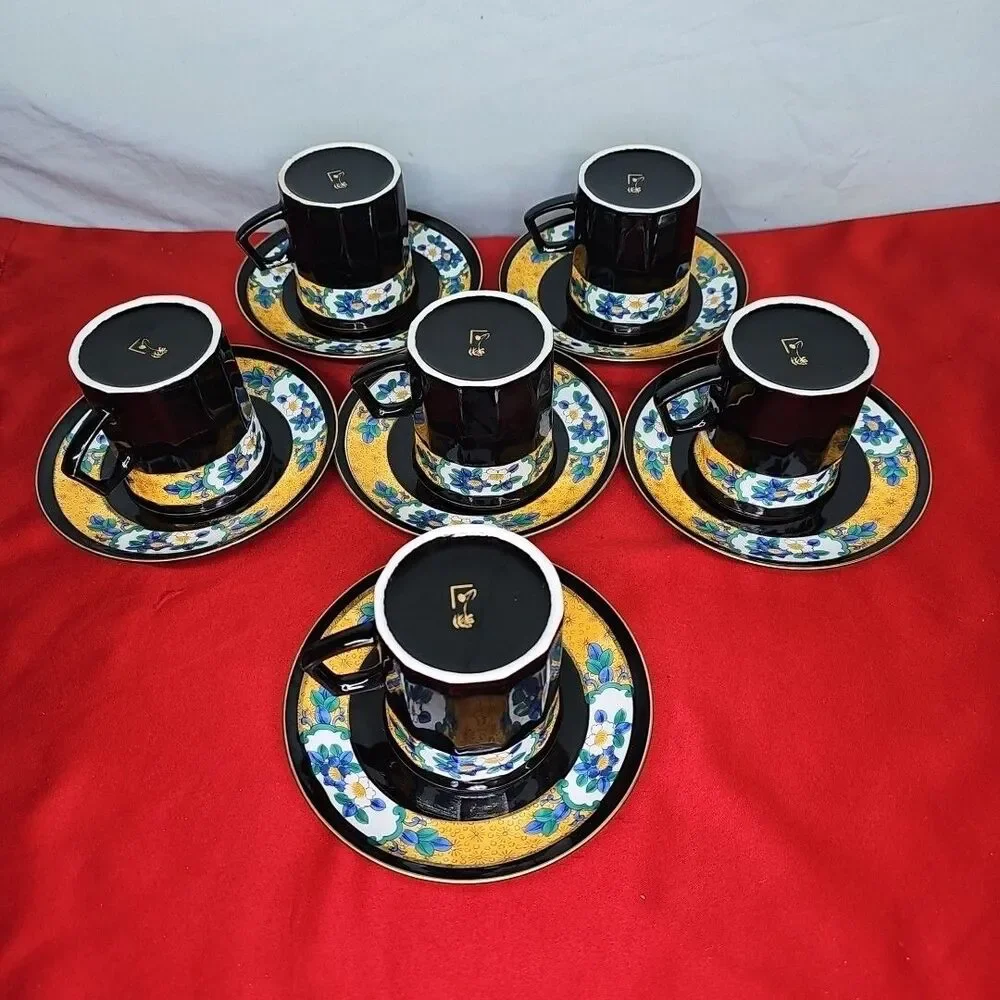 Black Coffee Cup & Saucer Tea Set Of 6 Yellow Blue Flowers